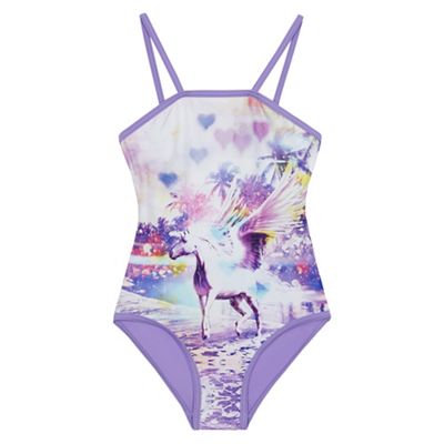 Girls' purple unicorn print swimsuit
